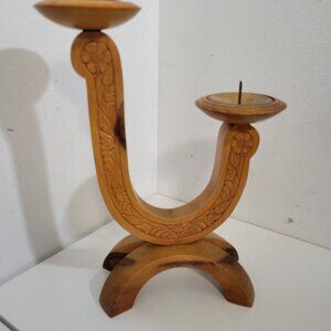 Vintage Scandinavian Carved Wood Candlestick